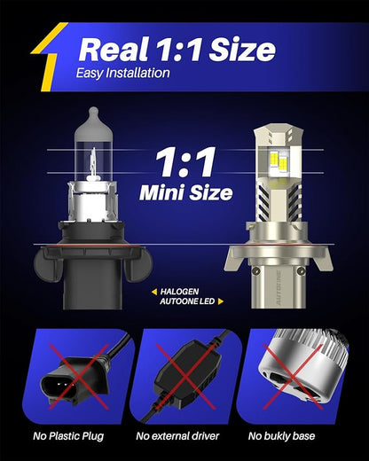 AUTOONE H13 LED Bulb, 22000LM 600% Brighter H13/9008 Led Fog Light Bulbs with Turbofan, 6000K Xenon White, Non-polarity Canbus Ready, Pack of 2
