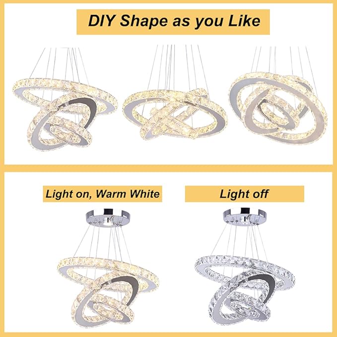 Modern Crystal Chandelier LED 3 Ring Chandeliers Stainless Steel Adjustable Pendant Light for Dining Room Living Room Bedroom Warm White