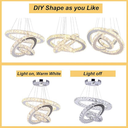 Modern Crystal Chandelier LED 3 Ring Chandeliers Stainless Steel Adjustable Pendant Light for Dining Room Living Room Bedroom Warm White