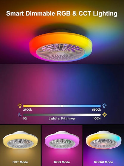 ANGELHALO Bladeless Ceiling Fan with Light,18 Inch Low Profile RGB Ceiling Fan with 2800 Lumens, Flush Mount Small Ceiling Fan for 6 Speed Quiet DC Motor for Kids Bedroom, Remote & App Control