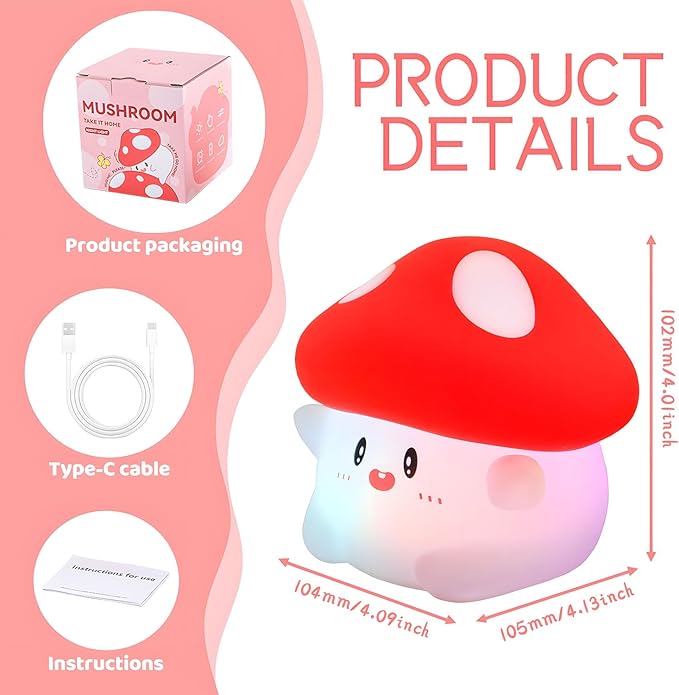Mushroom Night Light Color Changing, 50Hrs Mushroom Lamp, Tap Control 2 Brightness & Timer, Rechargeable Squishy Night Lamp for Kids Adults, [Mothers Day Gifts]