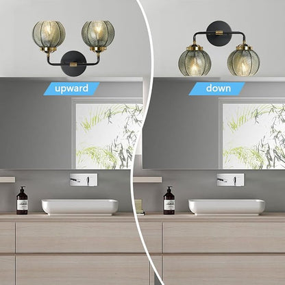 Mid Century Vanity Light Black Bathroom Wall Light Fixtures Green Glass Wall Sconce lamp Ribbed Glass Shade Modern Art Deco Vanity Lights for Over Mirror Bedroom Hallway 2 Lights