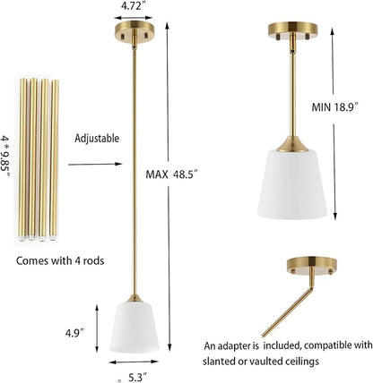 BYOLIIMA Modern Gold Pendant Light 3 Pack Brushed Brass Mid Century Chandelier White Cylinder Glass Shades Adjustable Rods Farmhouse Ceiling Hanging Lighting Fixture Kitchen Island Dining Room Bedroom