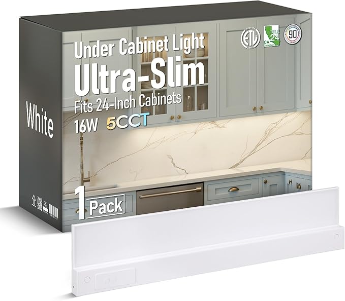 TORCHSTAR Ultra-Slim LED Under Cabinet Lighting Fits 24 Inch Cabinets, 5CCT 16W 1200LM, Hardwired & Plug-in, 120V CRI90 Linkable Dimmable Thin Under Counter Lights for Kitchen, ETL T24
