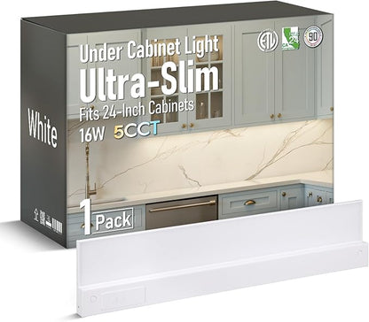 TORCHSTAR Ultra-Slim LED Under Cabinet Lighting Fits 24 Inch Cabinets, 5CCT 16W 1200LM, Hardwired & Plug-in, 120V CRI90 Linkable Dimmable Thin Under Counter Lights for Kitchen, ETL T24