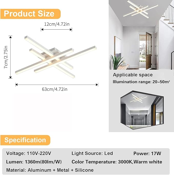 Modern 24in LED Ceiling Light, Minimalist Linear Geometric Flush Mount, 3000K Warm White Ceiling Lamp for Living Room Bedroom Kitchen Dining Room Office