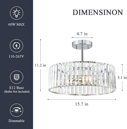 Pevfah Crystal Chrome Ceiling Light, Modern Semi Flush Mount Ceiling Lighting Fixture, Round Hallway Lighting Fixtures Chandelier for Kitchen Entryway Bedroom Dining Room, 3-Light, 15.7 Inch