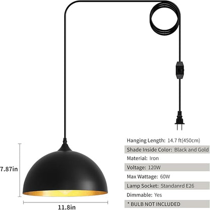 Black Plug in Pendant Light 2 Packs 11.8inch, Farmhouse Pendant Light, Kitchen Pendant Lights, Pendant Lights Kitchen Island, Hanging Lights with Plug in Cord 14.7 ft