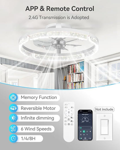 addlon Ceiling Fans with Lights and Remote, 20'' Low Profile Ceiling Fans, 3000-6000K Dimmable Modern Flush Mount LED Fan Light, Fandelier Ceiling Fan for Bedroom, Kitchen, Living Room, White