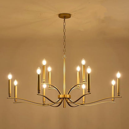12 Light Gold Living Room Chandelier High Ceiling Foyer Candle Chandelier Large Modern Brass 44in Metal Chandeliers Hanging Light for Master Bedroom Dining Room Light Fixture Over Table
