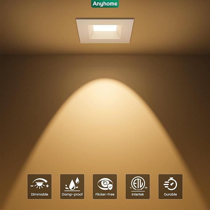 6 Pack 4 Inch Square Ultra-Thin Led Recessed Lighting,Recessed Led Downlight with Junction Box,5CCT 2700K-5000K Dimmable,with Baffle Anti-Glare,9W 700LM,ETL & ES