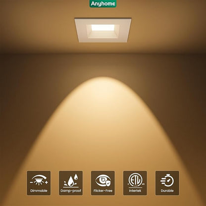 6 Pack 4 Inch Square Ultra-Thin Led Recessed Lighting,Recessed Led Downlight with Junction Box,5CCT 2700K-5000K Dimmable,with Baffle Anti-Glare,9W 700LM,ETL & ES