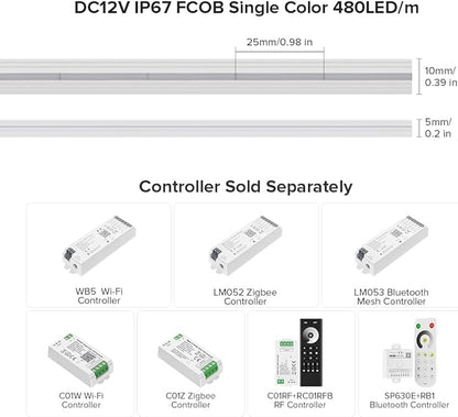 BTF-LIGHTING FCOB COB LED Strip IP67 Waterproof Flexible High Density Uniform Diffused Neon Light 16.4FT DC12V Warm White 2700K 480LED/m CRI 90+ for Indoor Decor(No Adapter or Controller)