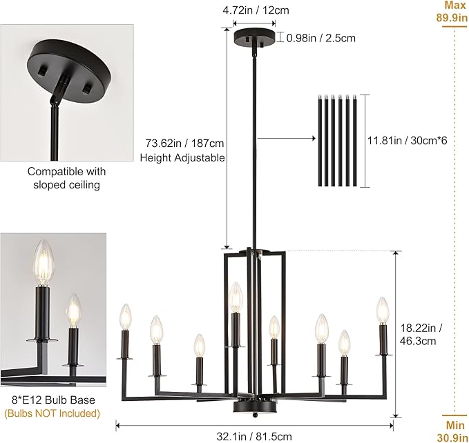 Modern Black Chandelier, Farmhouse Candle Dining Room Chandeliers, Metal Hanging Pendant Light Fixture for Kitchen, Foyer, Bedroom, Living Room, Staircase, Entryway, 8-Light