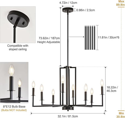 Modern Black Chandelier, Farmhouse Candle Dining Room Chandeliers, Metal Hanging Pendant Light Fixture for Kitchen, Foyer, Bedroom, Living Room, Staircase, Entryway, 8-Light