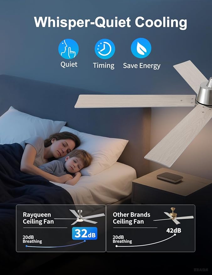 Rayqueen 60 Inch Ceiling Fans with Lights and Remote, 6 Speed Reversible DC Motor, 3CCT Dimmable LED, Modern Brushed Nickel Ceiling Fan for Bedroom, Living room & Covered Outdoor,Includes Downrod