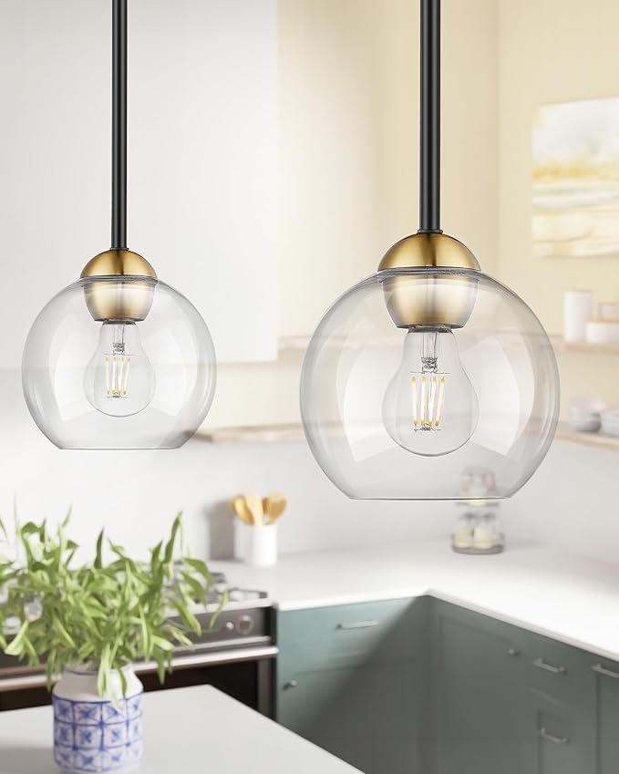 Emak Black and Gold Pendant Light, 7 Inch Globe Glass Pendant Lights Kitchen Island, Modern Hanging Lights for Kitchen, Bathroom, Dining Room, Bar, PL119-BKBGD