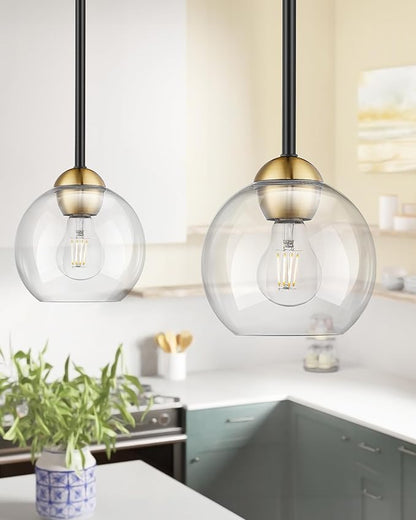 Emak Black and Gold Pendant Light, 7 Inch Globe Glass Pendant Lights Kitchen Island, Modern Hanging Lights for Kitchen, Bathroom, Dining Room, Bar, PL119-BKBGD