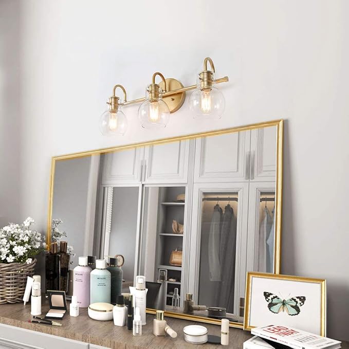 KSANA Gold Bathroom Light Fixtures, 3 Light Modern Vanity Lights Over Mirror with Globe Clear Glass Shades for Bedroom, Kitchen, Powder Room