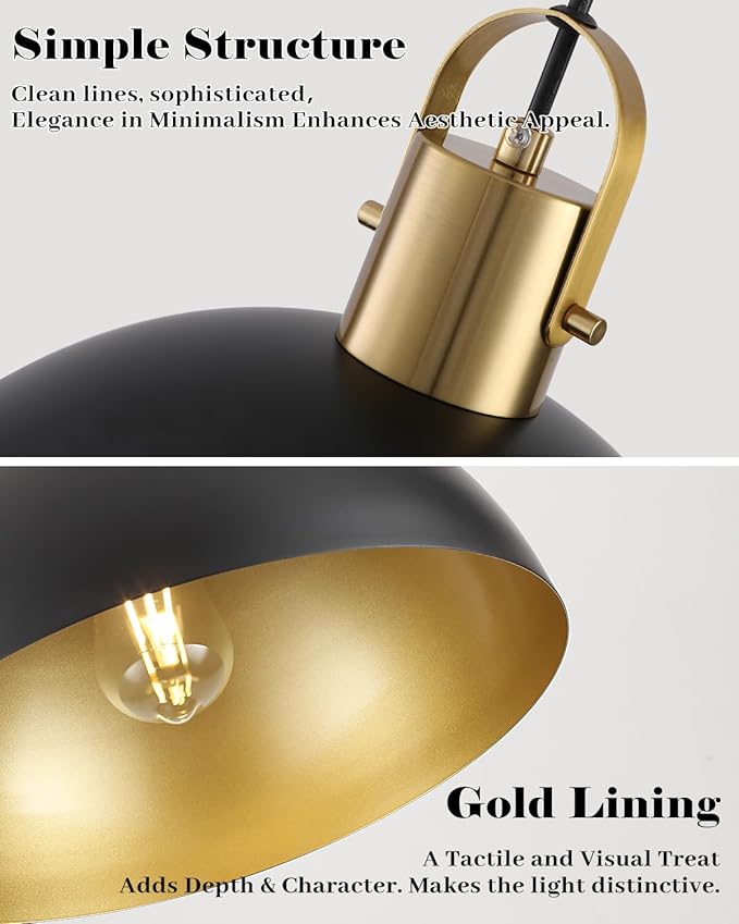 Black and Gold Pendant Light 2 Pack, 11.8 Inch Pendant Lights Kitchen Island, Dome Pendant Lights, Farmhouse Pendant Light for Kitchen Island, Dining Room, Living Room