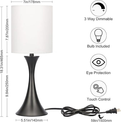 Seaside village 3 Way Touch Control Table Lamp, Modern Bedside Lamp for Bedroom, Dimmable Black Nightstand Lamp White Shade Desk Reading Light for Living Room Office Dorm, 3000K LED Bulb Included