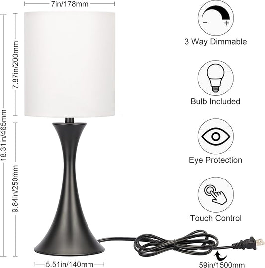 Seaside village 3 Way Touch Control Table Lamp, Modern Bedside Lamp for Bedroom, Dimmable Black Nightstand Lamp White Shade Desk Reading Light for Living Room Office Dorm, 3000K LED Bulb Included