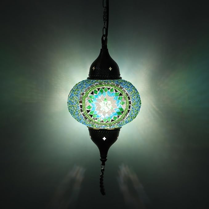 Turkish Moroccan Mosaic Pendant Light - Handcrafted Tiffany Style Swag Lamp with 15ft Cord, Vintage Glass Ceiling Fixture for Mediterranean Decor (Green1)