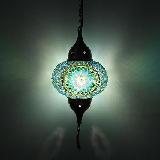 Turkish Moroccan Mosaic Pendant Light - Handcrafted Tiffany Style Swag Lamp with 15ft Cord, Vintage Glass Ceiling Fixture for Mediterranean Decor (Green1)