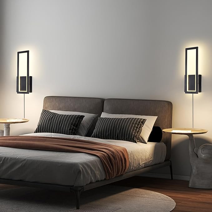 Modern Wall sconces Set of Two Indoor LED Simple Wall Fixture Black Plug in Wall Lights for Living Room Bedroom Hallway Stairs