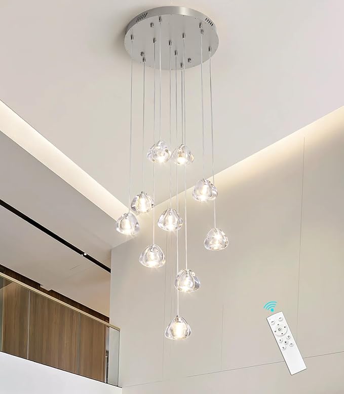 HAIXIANG Glam Chandelier with LED Dimmable Bulbs Bubble Crystal Balls Glam Chandeliers High Ceiling Pendants Light Fixtures Adjustable Long Lights Brushed Nickel