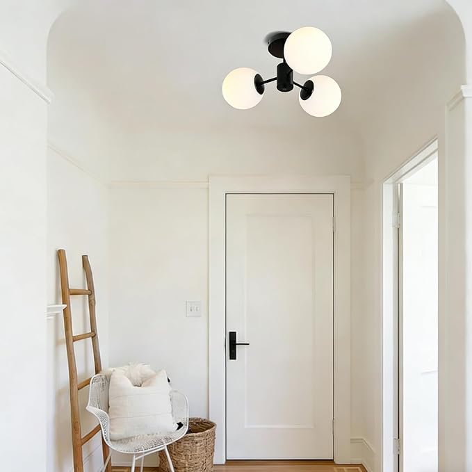 Black Semi Flush Mount Ceiling Light Mid Century Modern Globe Ceiling Light 3 Lights Milk Glass Sputnik Flush Mount Chandelier for Bedroom Dinning Room Foyer Hallway