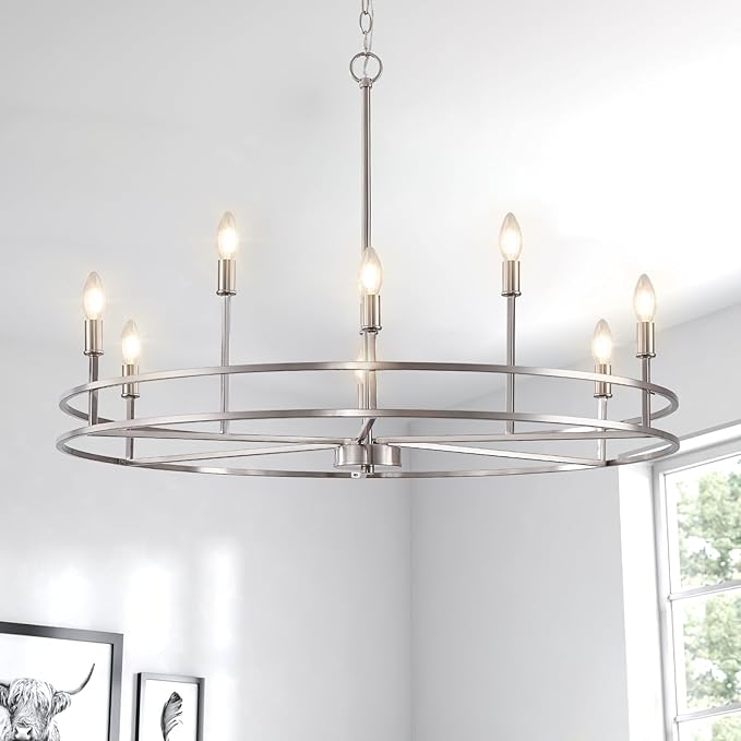 Modern Brushed Nickel Chandelier 9-Light Master Bedroom Chandelier Light Fixture Silver Metal Round Chandelier Living Room Lighting for Dining Room Bathroom Foyer Entrance, 35in