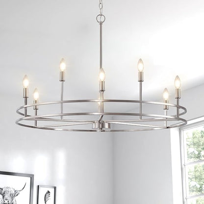 Modern Brushed Nickel Chandelier 9-Light Master Bedroom Chandelier Light Fixture Silver Metal Round Chandelier Living Room Lighting for Dining Room Bathroom Foyer Entrance, 35in