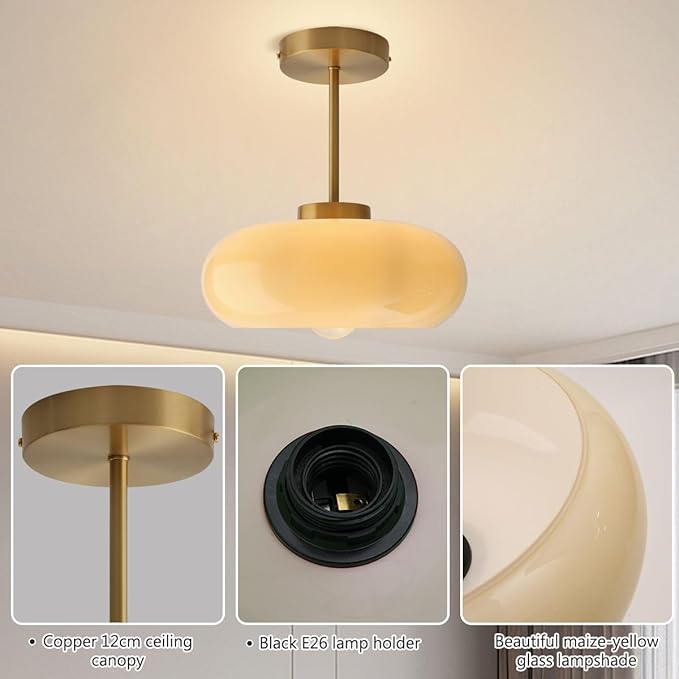 mid Century Ceiling Light Milk Glass Ceiling Light fixtures Glassshade Gold Modern Semi Flush Mount Ceiling Light, Globe Glass Ceiling Lamp Hallway Dining Room Kitchen