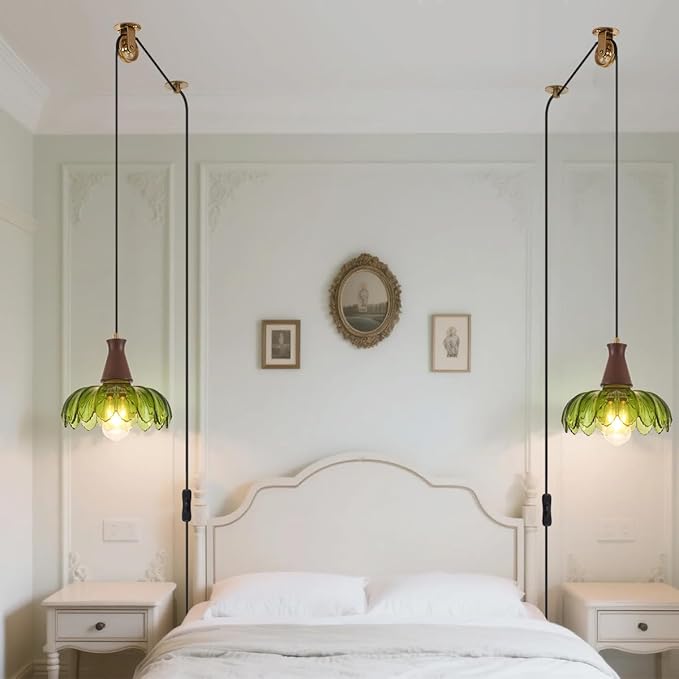YLONG-ZS Plug-in Pendant Light, Vintage Green Glass Swag Hanging Lamp, Adjustable Pulley Cord, Walnut Stained Solid Wood Base, Mid Century Farmhouse Fixture, No Hardwiring for Kitchen, Dining, Bedroom