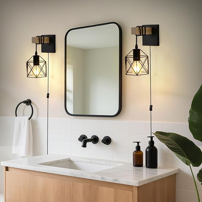 Lightess Plug in Wall Sconces Set of 2 with On/Off Switch, Industrial Wall Lights Metal Cage Lampshade, Black Farmhouse Wall Mounted Lamp for Bedroom Living Room
