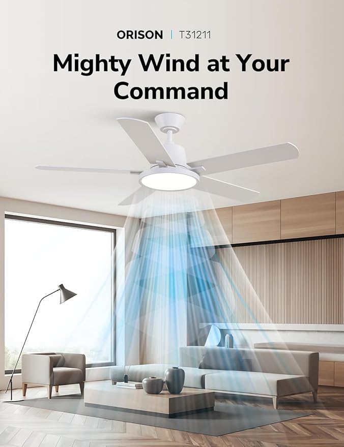 Orison Ceiling Fans with Lights, 52 inch Low Profile Ceiling Fan with RGB Backlight, Flush Mount Ceiling Fan with Remote and App Control,White Bedroom Fan, 6 Speeds, 5 Reversible Blades (White)