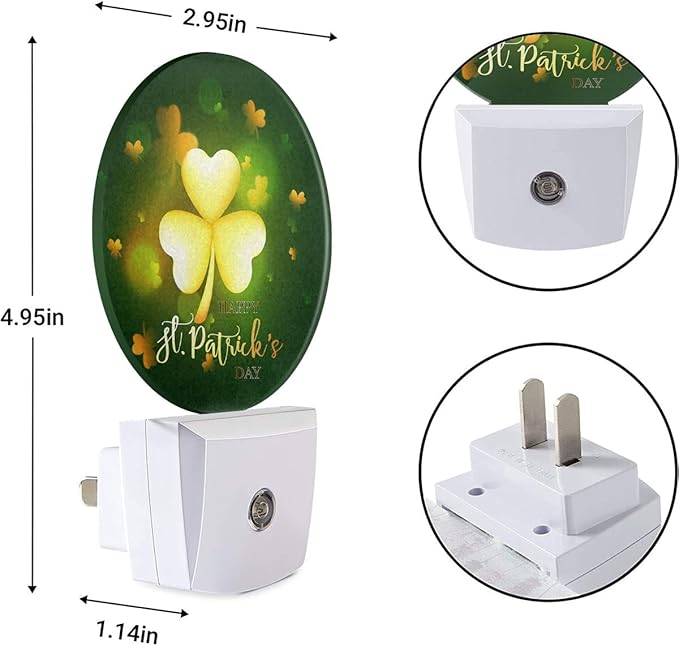 EKOBLA St. Patrick's Day Plug-in Night Light, Glitter Golden Clover Leaf LED Nightlight with Auto Sensor for Home Decor