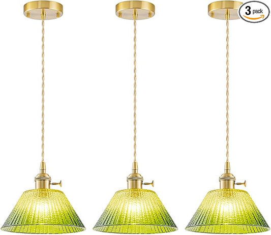 Vintage Pendant Lights Kitchen Island 3 Pack, Adjustable Brass Pendant Light Fixtures with Gradient Green Glass Shade, Gold Kitchen Pendant Lighting Over Island, Pendant Light for Dining Room Hallway