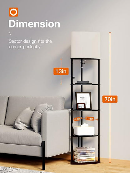 addlon 5-Tier Corner Shelf Floor Lamp with Type C, USB Port & 1 Power Outlet and 3CCT LED Bulb, Modern Display Lamp for Narrow Corner Bookshelf lamp for Living Room, Bedroom, Office - Black