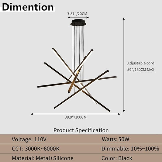 JAYMP Modern LED Chandeliers Dimmable Pendant Light Fixture for Living Room Dining Room Foyer DIY Shape Sputnik Floating Sculptural Art Hanging Lamp (Black, 6-Lights)