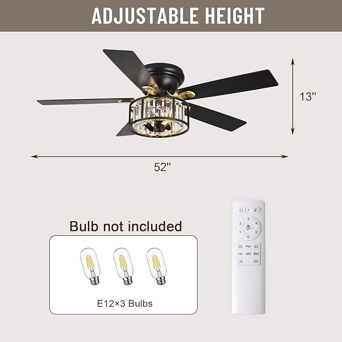 52" Crystal Farmhouse Ceiling Fan with Lights and Remote,Flush Mount Ceiling Fan,Chandelier with 5 Reversible Blades,3 E12 Base Lights,Quiet Motor for Living Room,Dining Room,Bedroom