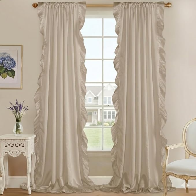 StangH Cottage Ruffle Curtains 96 Inches Long, Ristic Farmhouse Drapes for Large Window, Shabby Chic Privacy Country Panels for Living Room/Bedroom, Beige, W52 x L96, 2 Panels