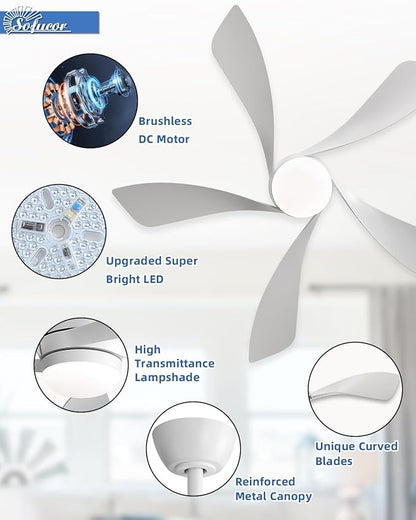 Sofucor 42" Smart Ceiling Fan, Indoor/Outdoor White Ceiling Fans with Lights and Remote, Works with Alexa/Google/App, 3-Color Light 6-Speed Timing Reversible DC Motor for Bedroom Living Room Patio