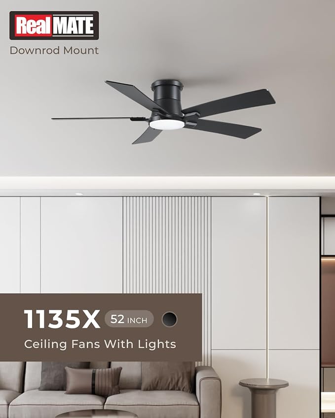 52 Inch Ceiling Fans with Lights and Remote, Black Low Profile Ceiling Fan, Flush Mount Style with 5 Blades, For Indoor Bedroom Living Room/Outdoor, 6 Speed Reversible DC Motor, 3CCT Dimmable LED