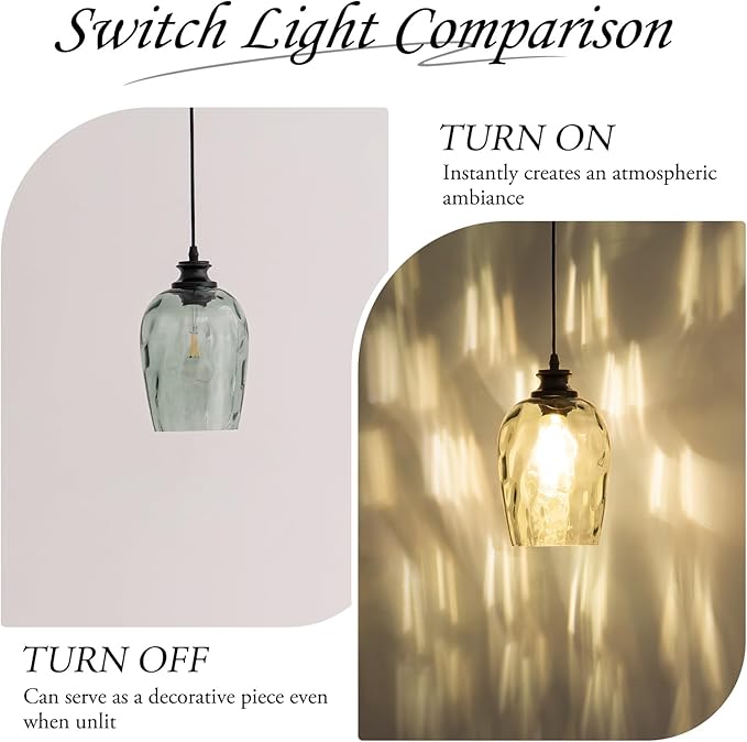 Plug in Pendant Light Green Hand Blown Rippled Glass Shade On/Off Switch 16.4 Ft Cord E26 Base Pendant Lighting for Living Room Sunroom Porch