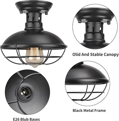 FRIDEKO HOME 3 Pack Flush Mount Ceiling Light Industrial Farmhouse Ceiling Light Fixture Rustic Copper Metal Cage Flush Mount Light Fixture E26 Base for Hallway Foyer Kitchen Porch Black