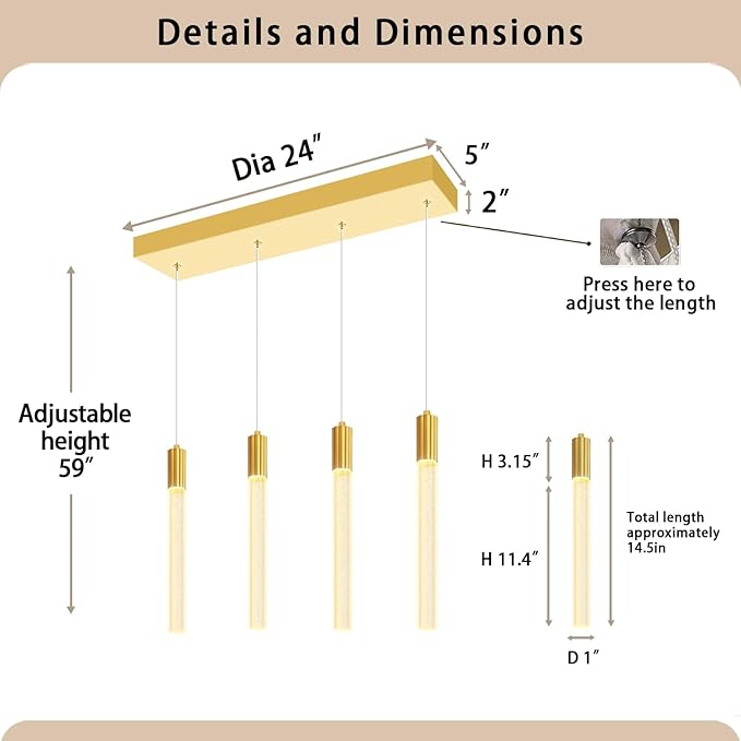 Modern 4-Light Gold Crystal Column Pendant Light Rectangular Crystal Chandelier LED Hanging Light for Dining Room Living Room, Hallway, Bedroom