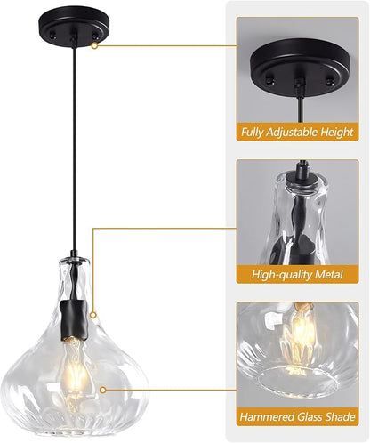 Modern Glass Pendant Light 9.44 in Clear Hammered Glass Shade Black Farmhouse Island Pendant Lights for Kitchen Pendant Lighting Over Sink Dining Room Bedroom