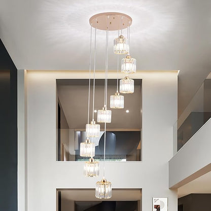 High Ceilings Long Chandeliers Modern Crystal Pendant Light Raindrop Drop Lamp Hanging Chandeliers Flush Mount Lighting Fixtures for Staircase Foyer Entryway Gold 9 Lights